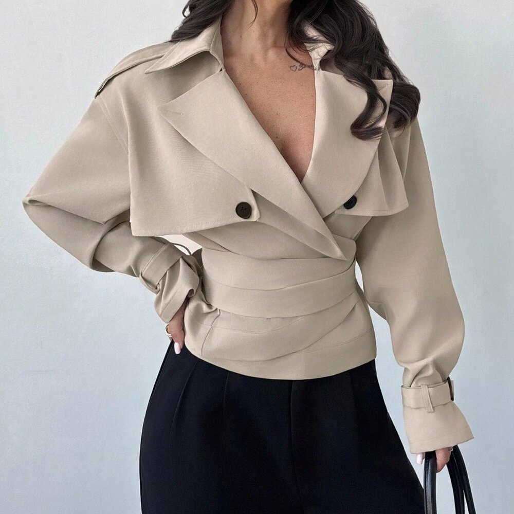 Mocha Brown Casual Women's Elegant Lapel Neck Short Trench Coat - Picture 4 of 8
